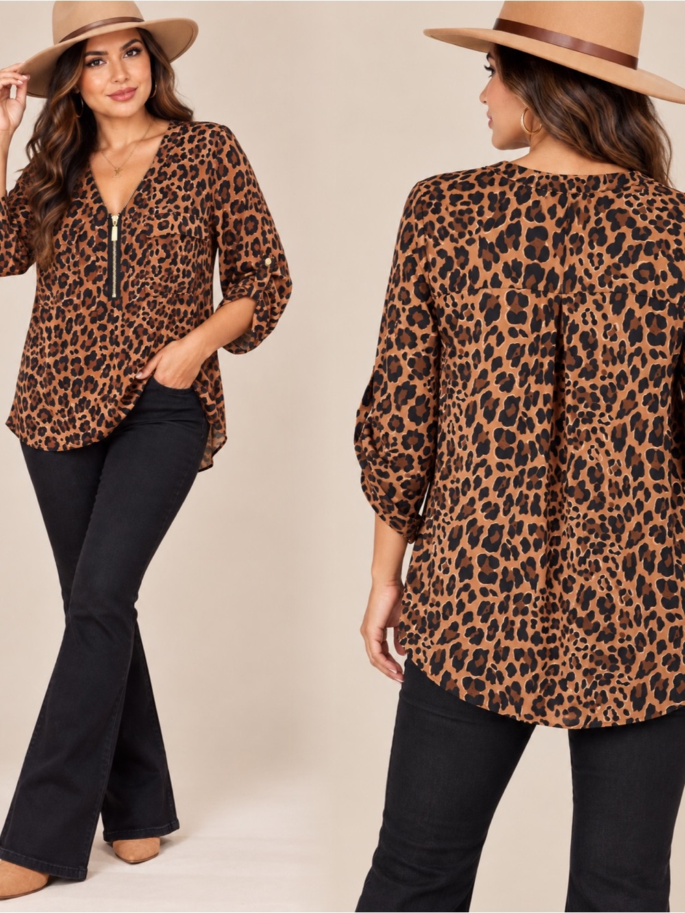 Cato Leopard Print Zip V-Neck Blouse - Brown/Black